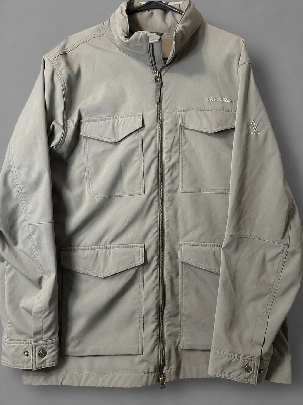 Eddie Bauer Travex Men’s Large Utility Travel Jacket Hidden Hood Gray